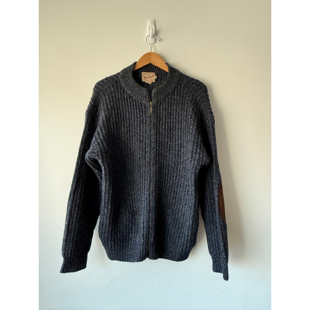 Vintage Woolrich Mens Ribbed Full Zip Wool Blend Sweater Elbow Patch Mediu,